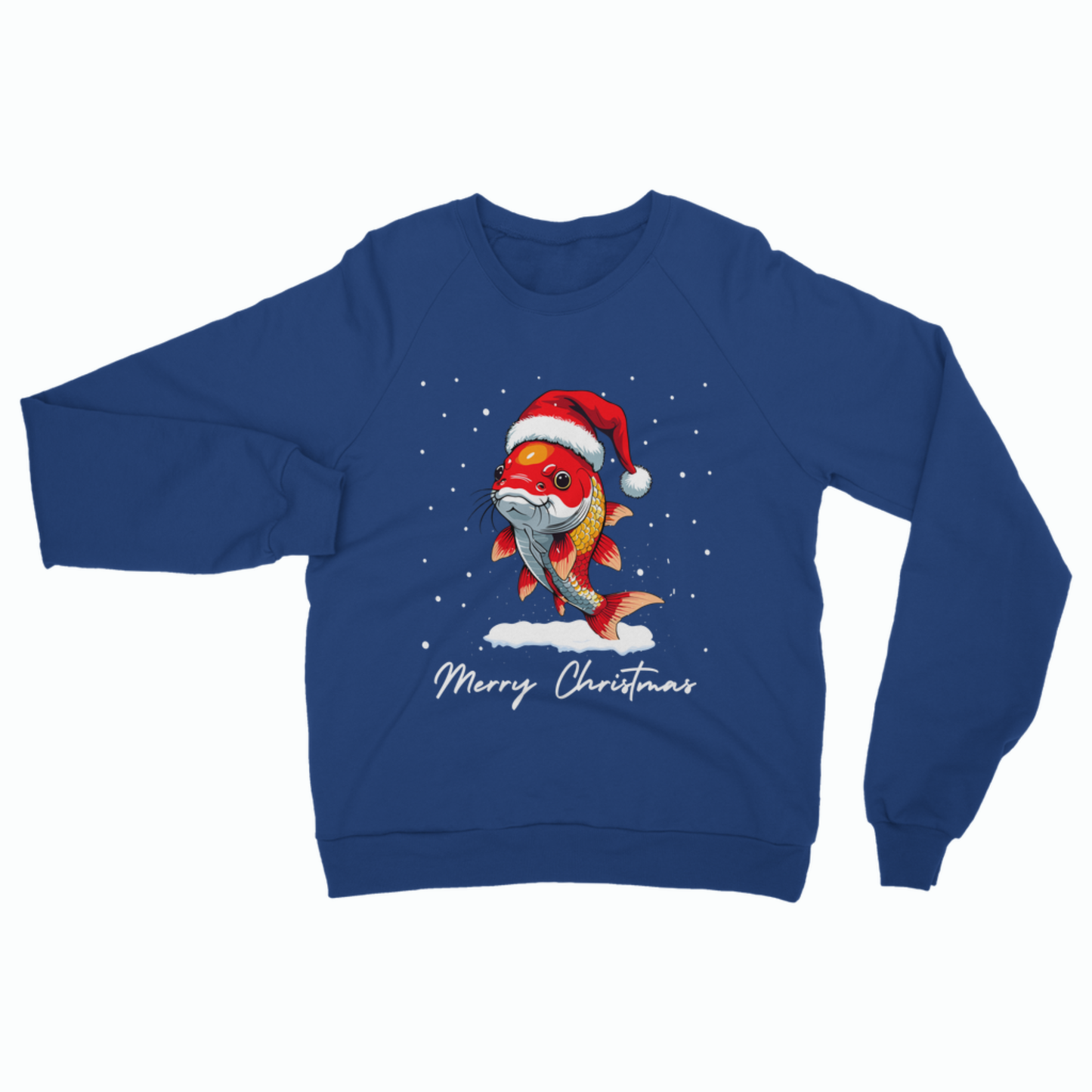 Royal blue unisex Christmas sweatshirt featuring a colourful koi carp wearing a Santa hat, surrounded by falling snow and the words “Merry Christmas” printed underneath.