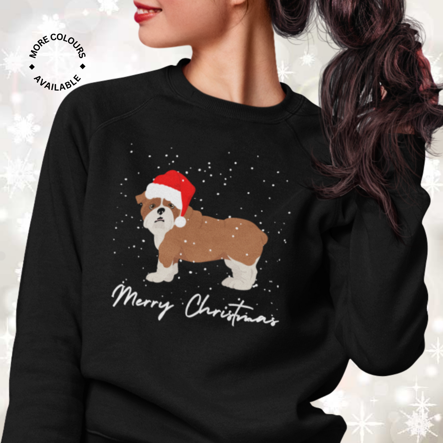 Women wears English Bulldog Merry Christmas graphic Jumper