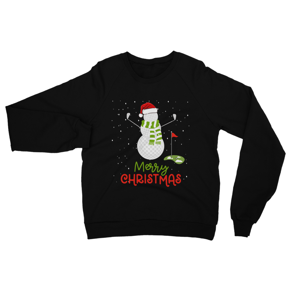 Adults black Christmas sweatshirt featuring a golf ball snowman, golf clubs for arms with a Santa hat and green scarf, snow scene, Merry Christmas text