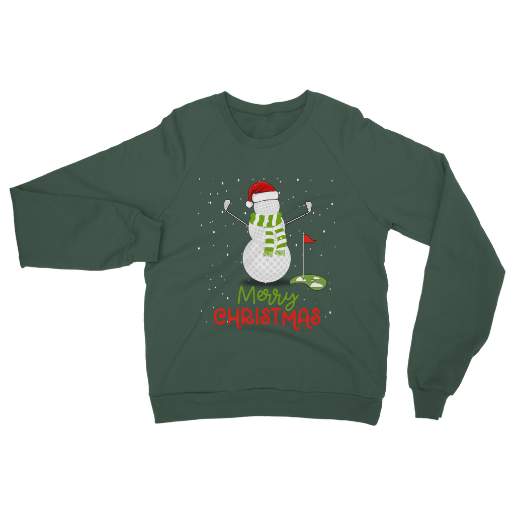 Adults bottle green Christmas sweatshirt featuring a golf ball snowman, golf clubs for arms with a Santa hat and green scarf, snow scene, Merry Christmas text