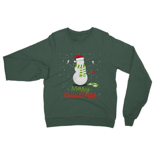 Adults bottle green Christmas sweatshirt featuring a golf ball snowman, golf clubs for arms with a Santa hat and green scarf, snow scene, Merry Christmas text