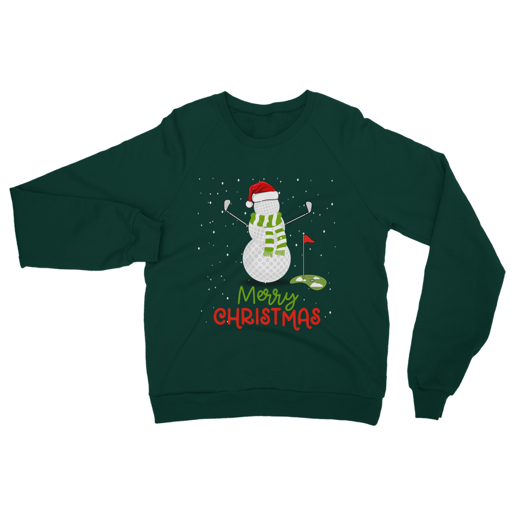 Adults dark green Christmas sweatshirt featuring a golf ball snowman, golf clubs for arms with a Santa hat and green scarf, snow scene, Merry Christmas text