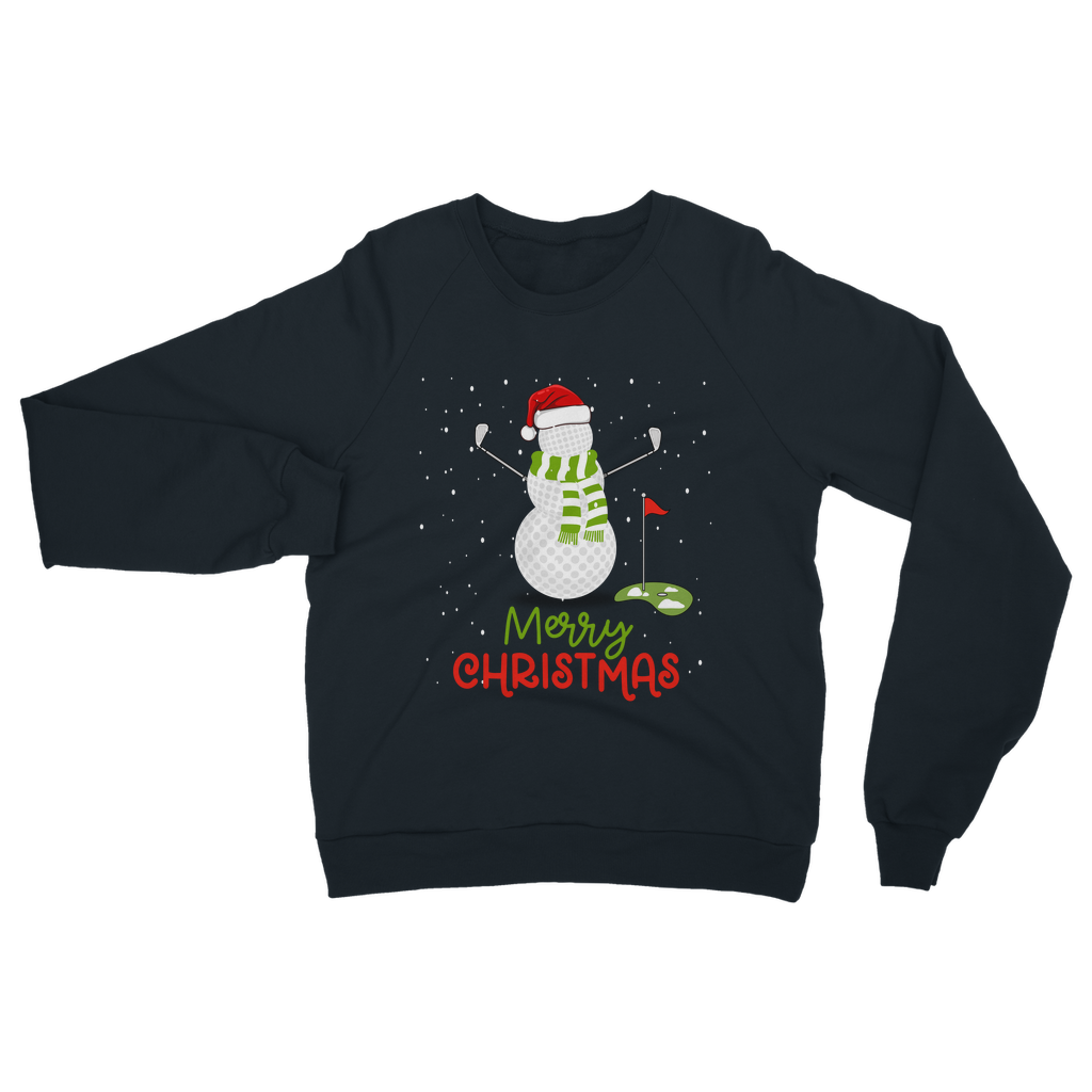 Adults navy Christmas sweatshirt featuring a golf ball snowman, golf clubs for arms with a Santa hat and green scarf, snow scene, Merry Christmas text