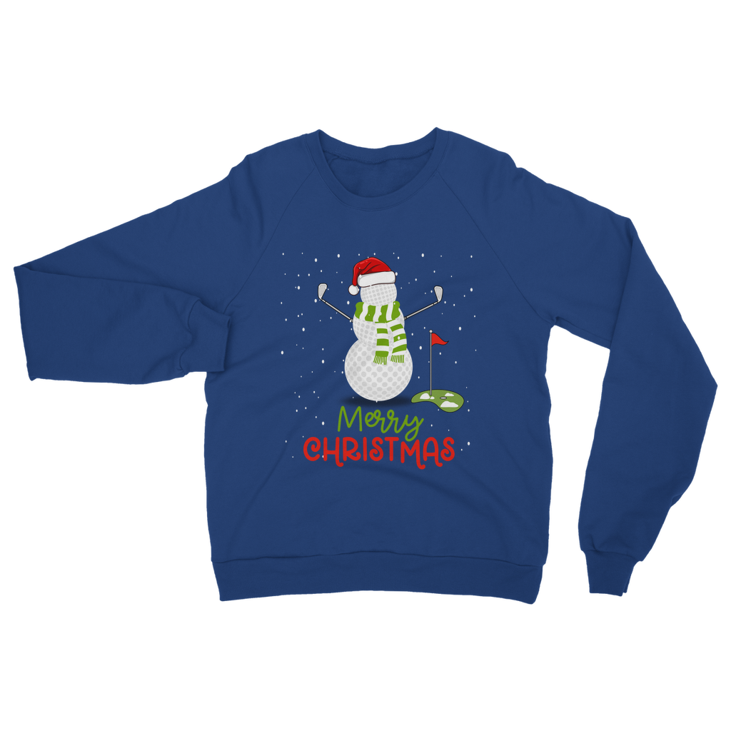 Adults royal blue Christmas sweatshirt featuring a golf ball snowman, golf clubs for arms with a Santa hat and green scarf, snow scene, Merry Christmas text