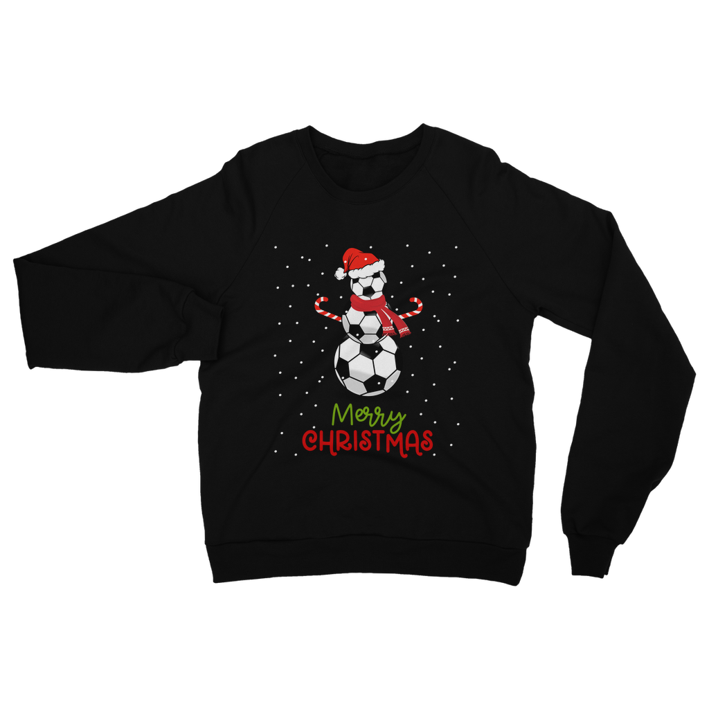Adults black Christmas sweatshirt featuring a football snowman with Santa hat, scarf, and candy cane arms.