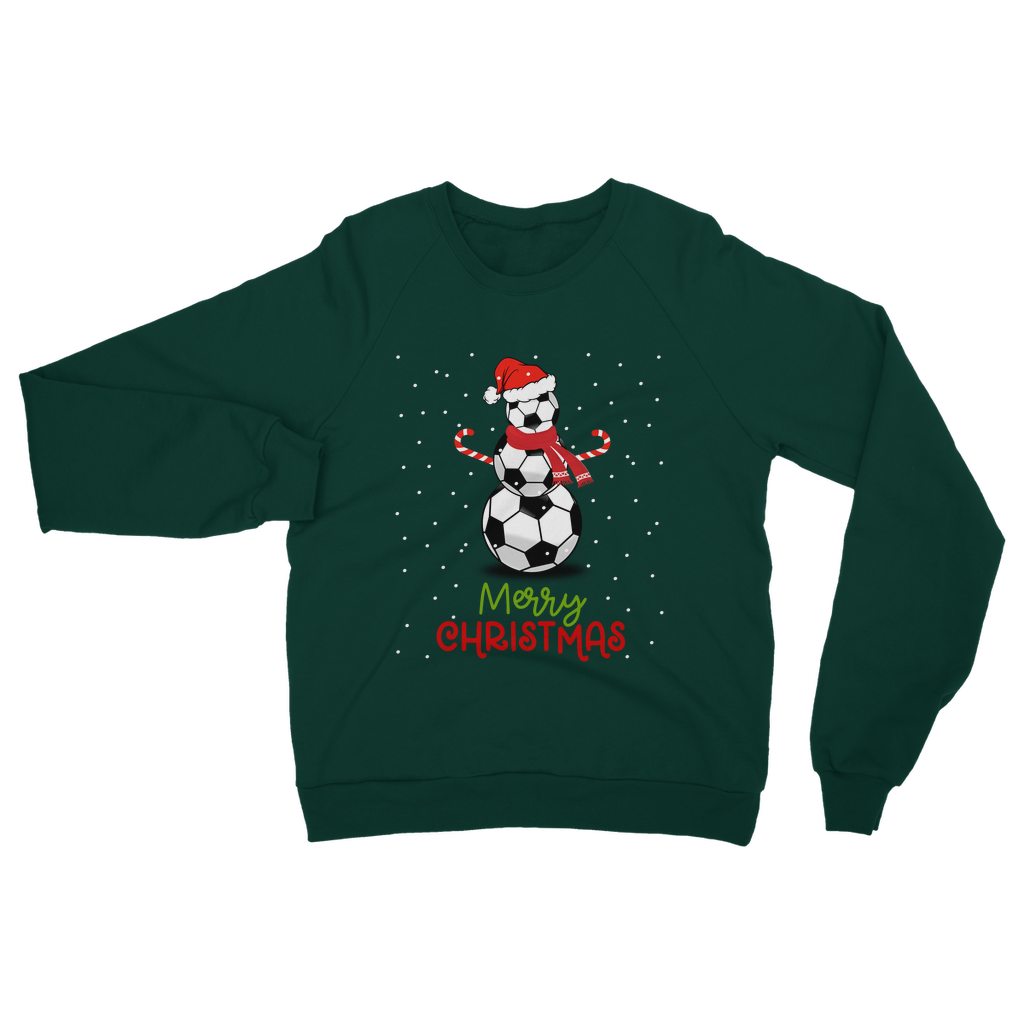 Adults dark green Christmas sweatshirt featuring a football snowman with Santa hat, scarf, and candy cane arms.