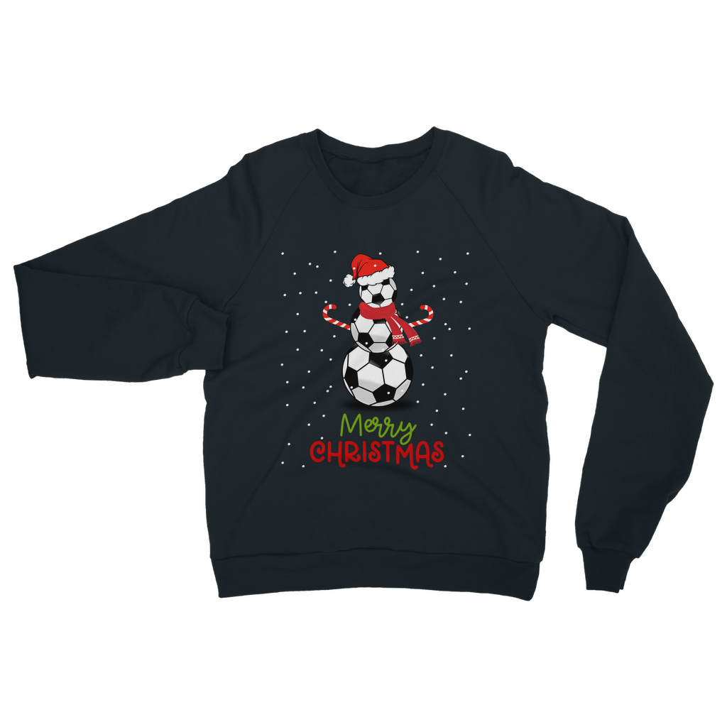 Adults navy Christmas sweatshirt featuring a football snowman with Santa hat, scarf, and candy cane arms.
