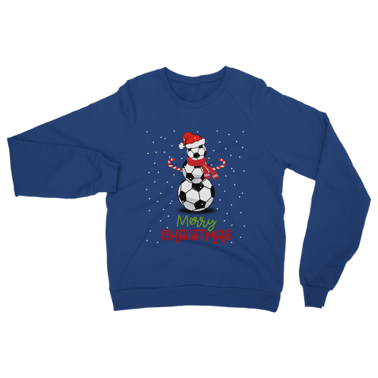 Adults royal blue Christmas sweatshirt featuring a football snowman with Santa hat, scarf, and candy cane arms.