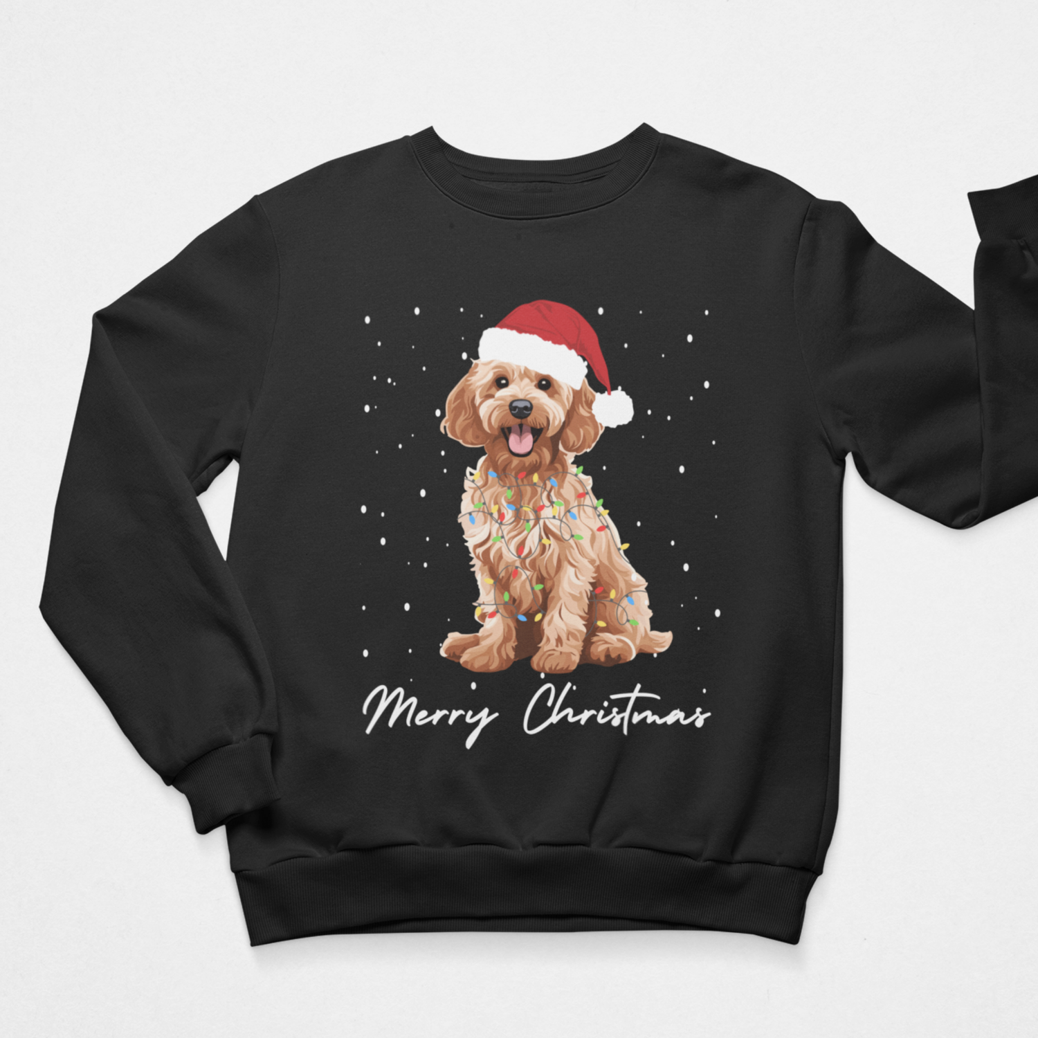 A black crewneck sweatshirt for men and women featuring a graphic of a golden Cockapoo wearing a red Santa hat, decorated with Christmas lights, with 'Merry Christmas' written below in white script on a light grey background.