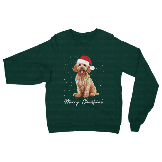 Adults dark green Christmas-themed sweatshirt with a golden cockapoo wearing a Santa hat, wrapped in fairy lights and 'Merry Christmas' text.