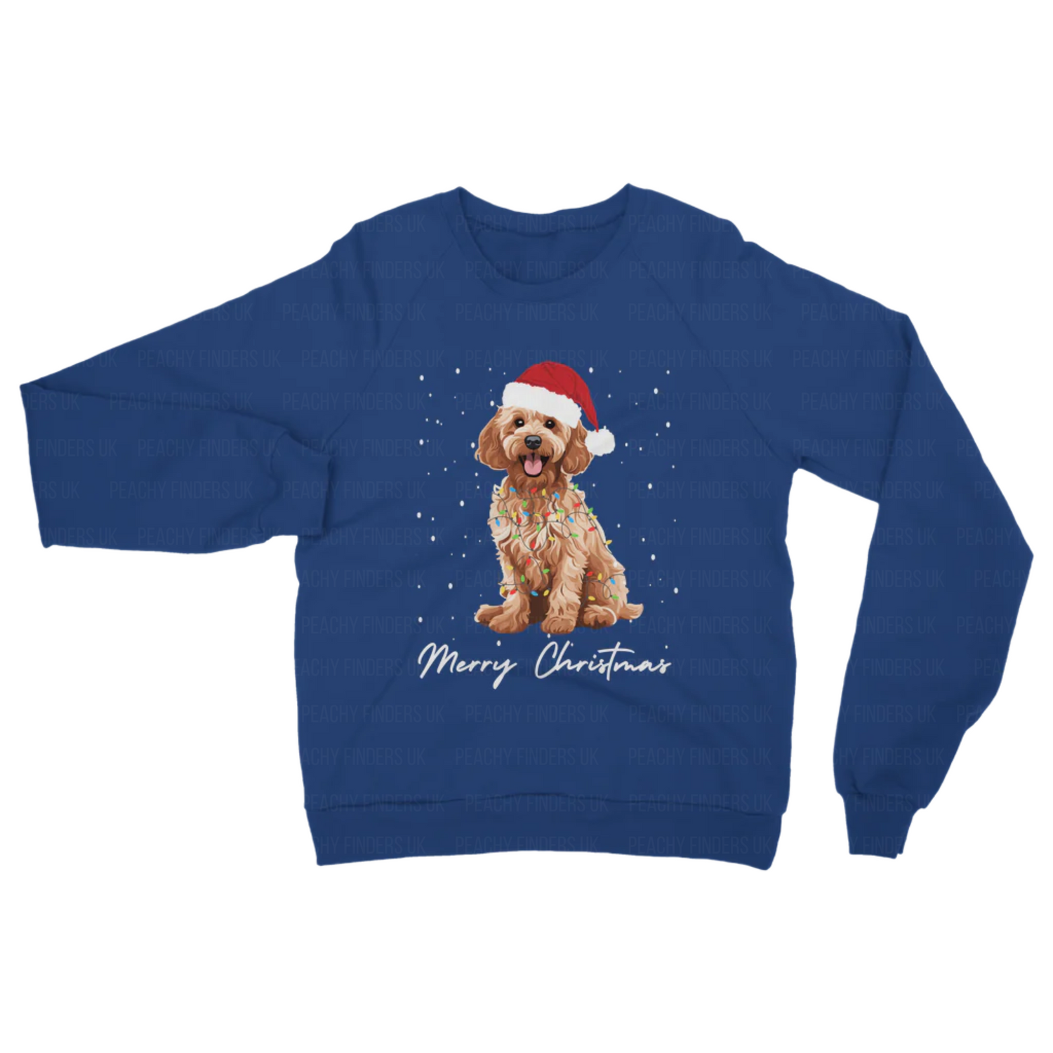 Adults royal blue Christmas-themed sweatshirt with a golden cockapoo wearing a Santa hat, wrapped in fairy lights and 'Merry Christmas' text.