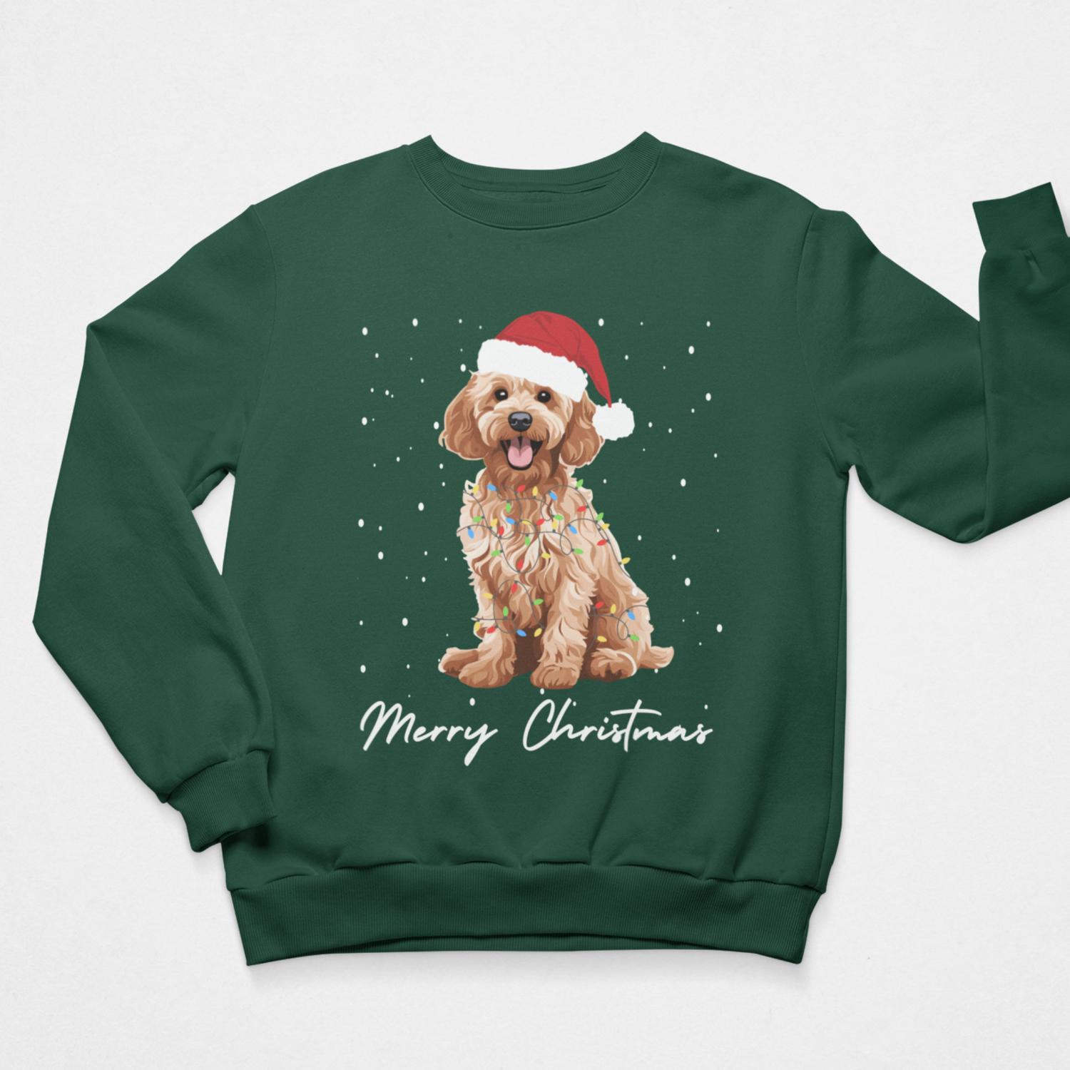 A dark green crewneck sweatshirt for men and women featuring a graphic of a fluffy Cockapoo wearing a red Santa hat, surrounded by snowflakes, with 'Merry Christmas' written in white script below.