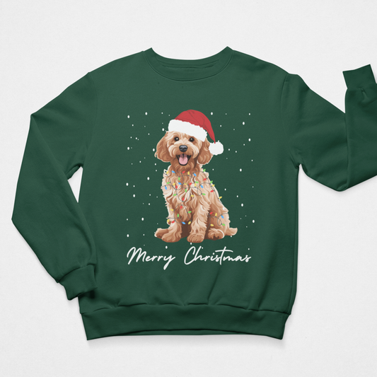 A dark green crewneck sweatshirt for men and women featuring a graphic of a fluffy Cockapoo wearing a red Santa hat, surrounded by snowflakes, with 'Merry Christmas' written in white script below.