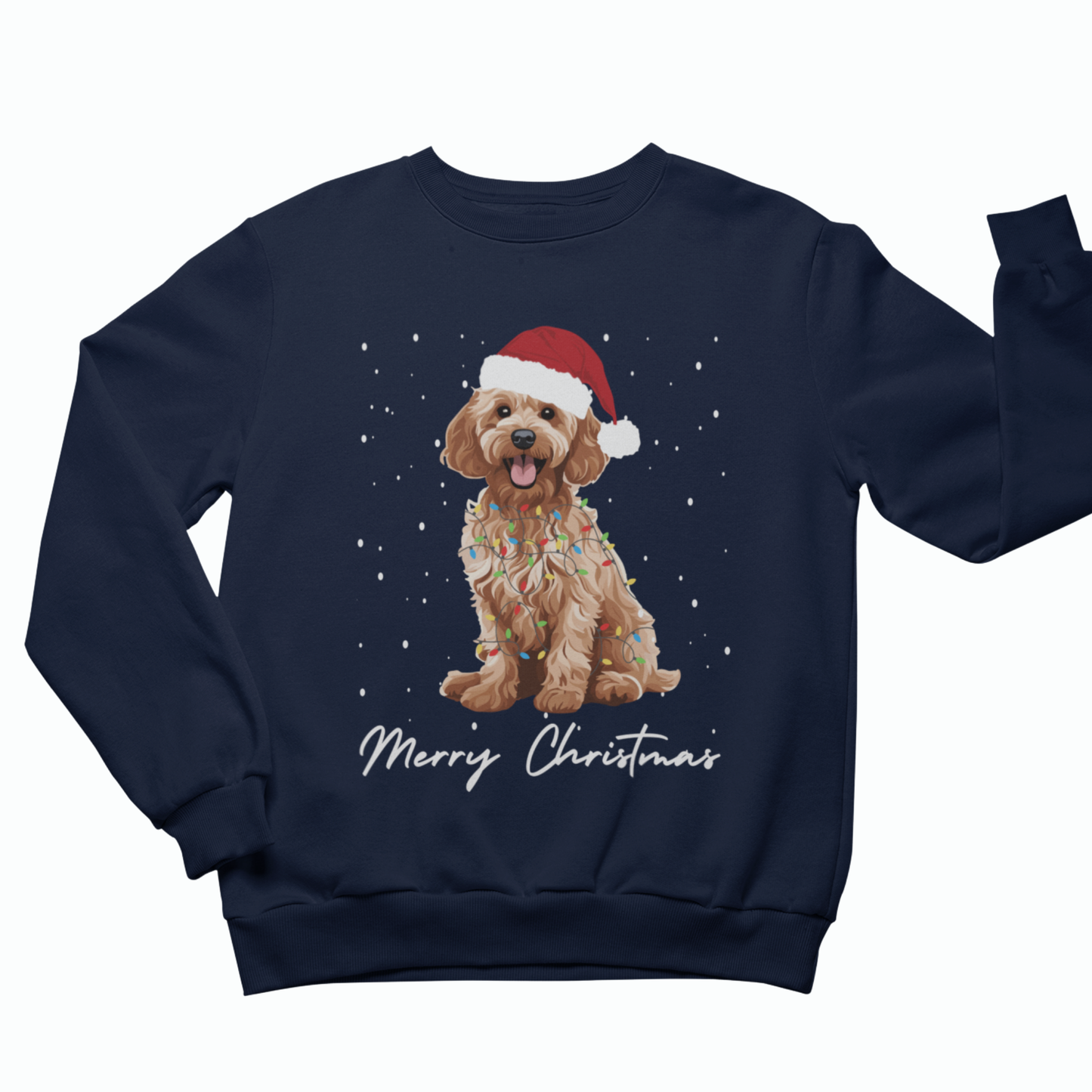 Adults navy blue crewneck sweatshirt featuring a graphic of a golden Cockapoo wearing a red Santa hat and Christmas lights, with 'Merry Christmas' written in white script below, shown on a plain white background.