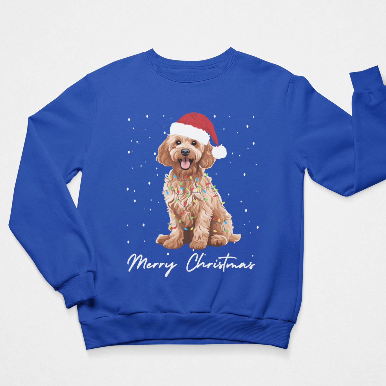 Adults royal blue crewneck sweatshirt featuring a graphic of a fluffy Cockapoo dog wearing a red Santa hat and holiday lights, with 'Merry Christmas' written below on a white background.