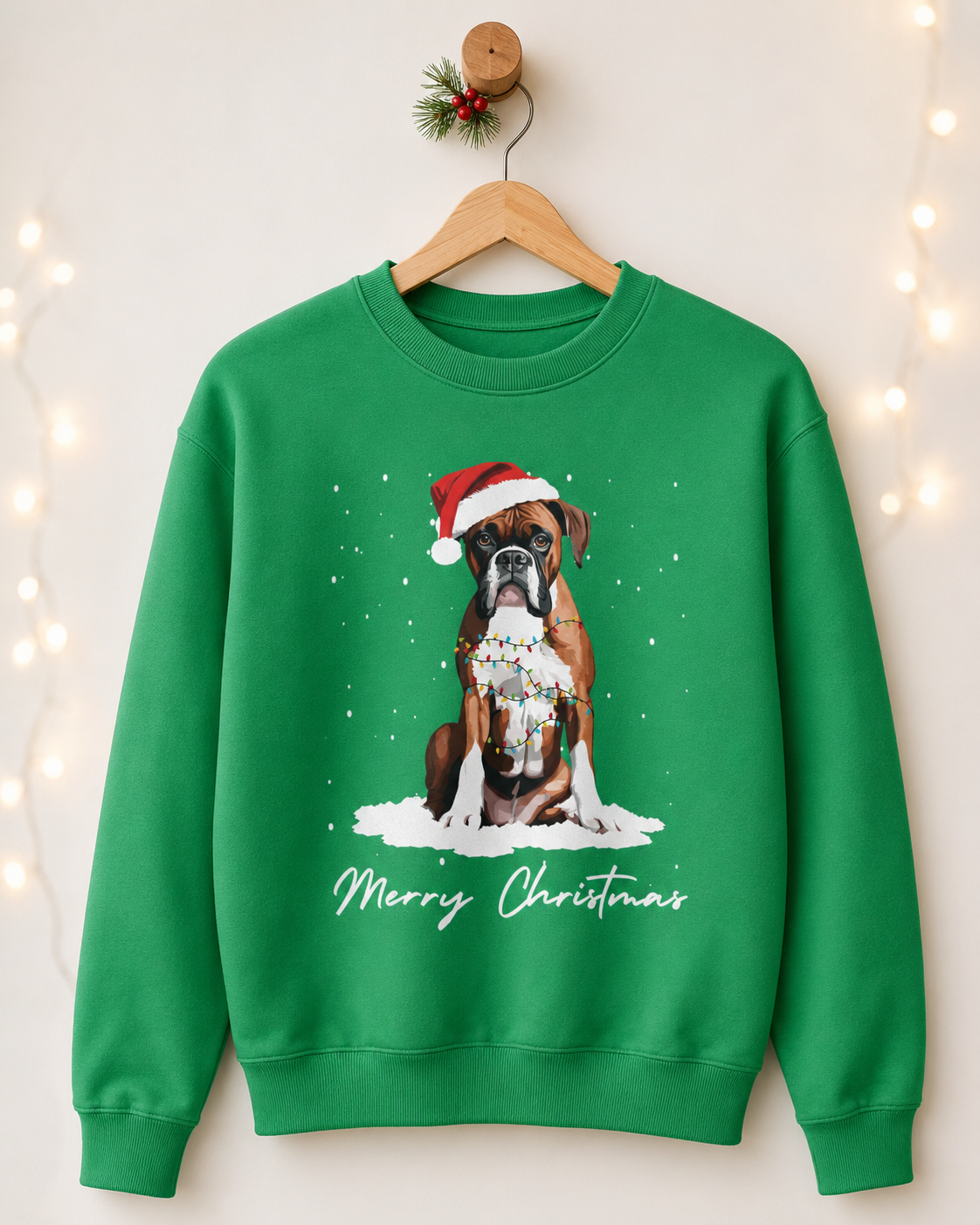Adults green crewneck sweatshirt hanging on a wooden hanger against a warm beige wall with soft string lights. The sweatshirt features a graphic of a brown and white boxer dog wearing a red Santa hat, sitting in white snow with 'Merry Christmas' written below in white script.