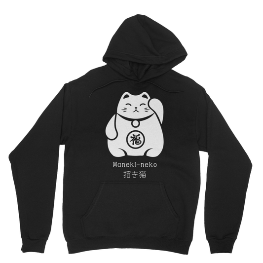 Adults black pullover hoodie featuring a large Maneki-neko Japanese Lucky Cat graphic.