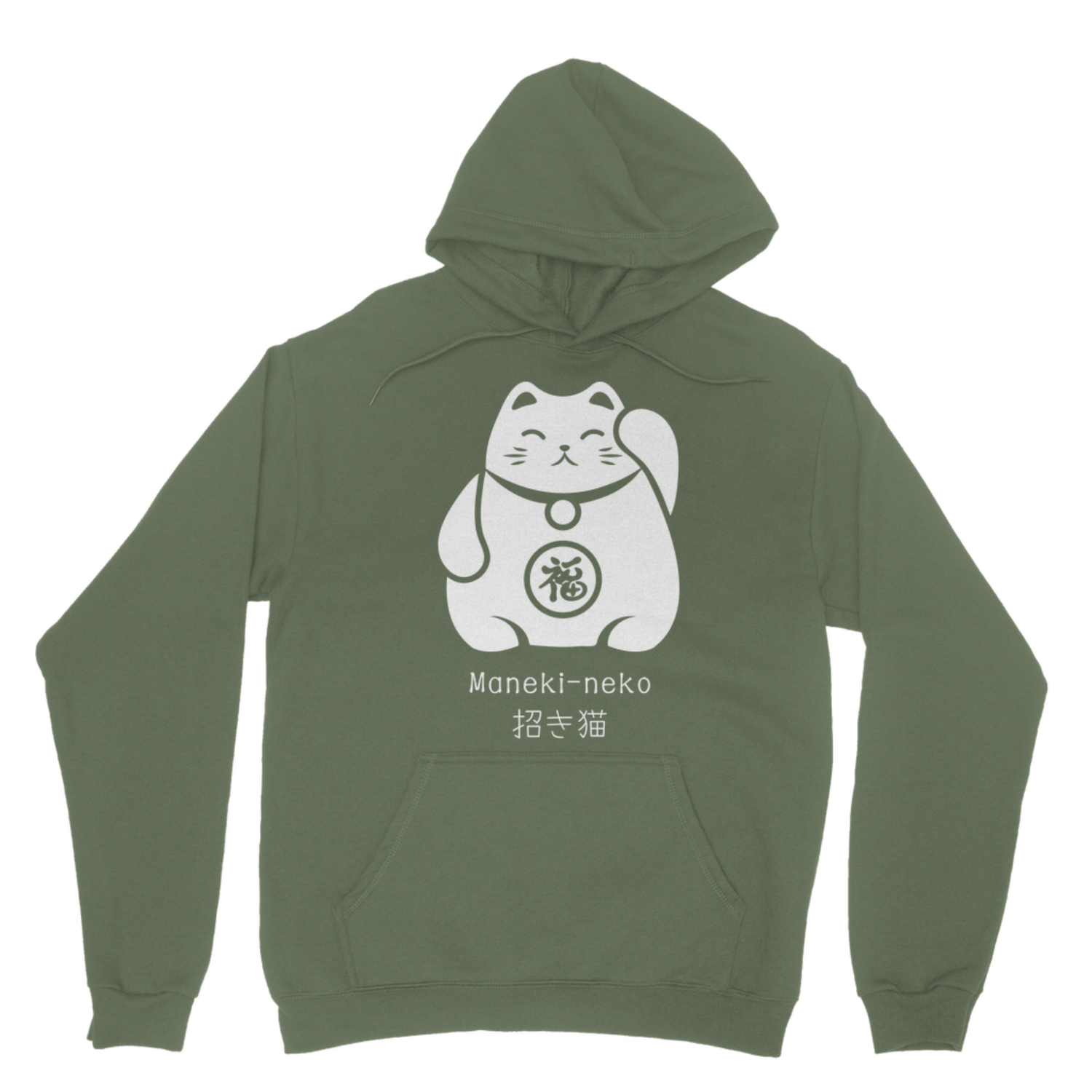 Adults earthy green pullover hoodie featuring a large Maneki-neko Japanese Lucky Cat graphic.