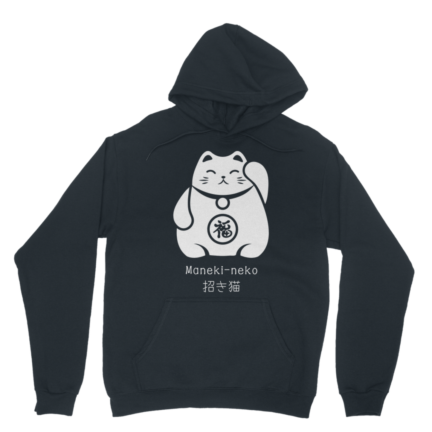 Adults navy pullover hoodie featuring a large Maneki-neko Japanese Lucky Cat graphic.