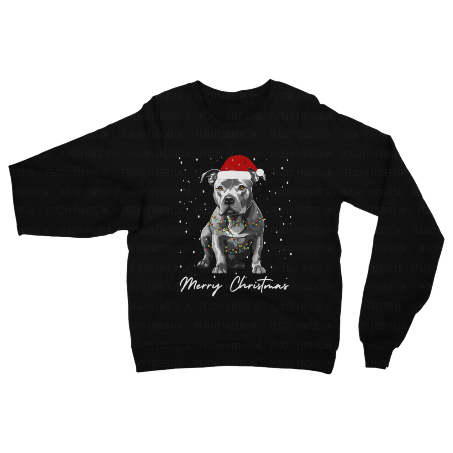 Adults black Christmas sweatshirt with a Staffordshire Bull Terrier wearing a Santa hat, wrapped in fairy lights and 'Merry Christmas' text. 