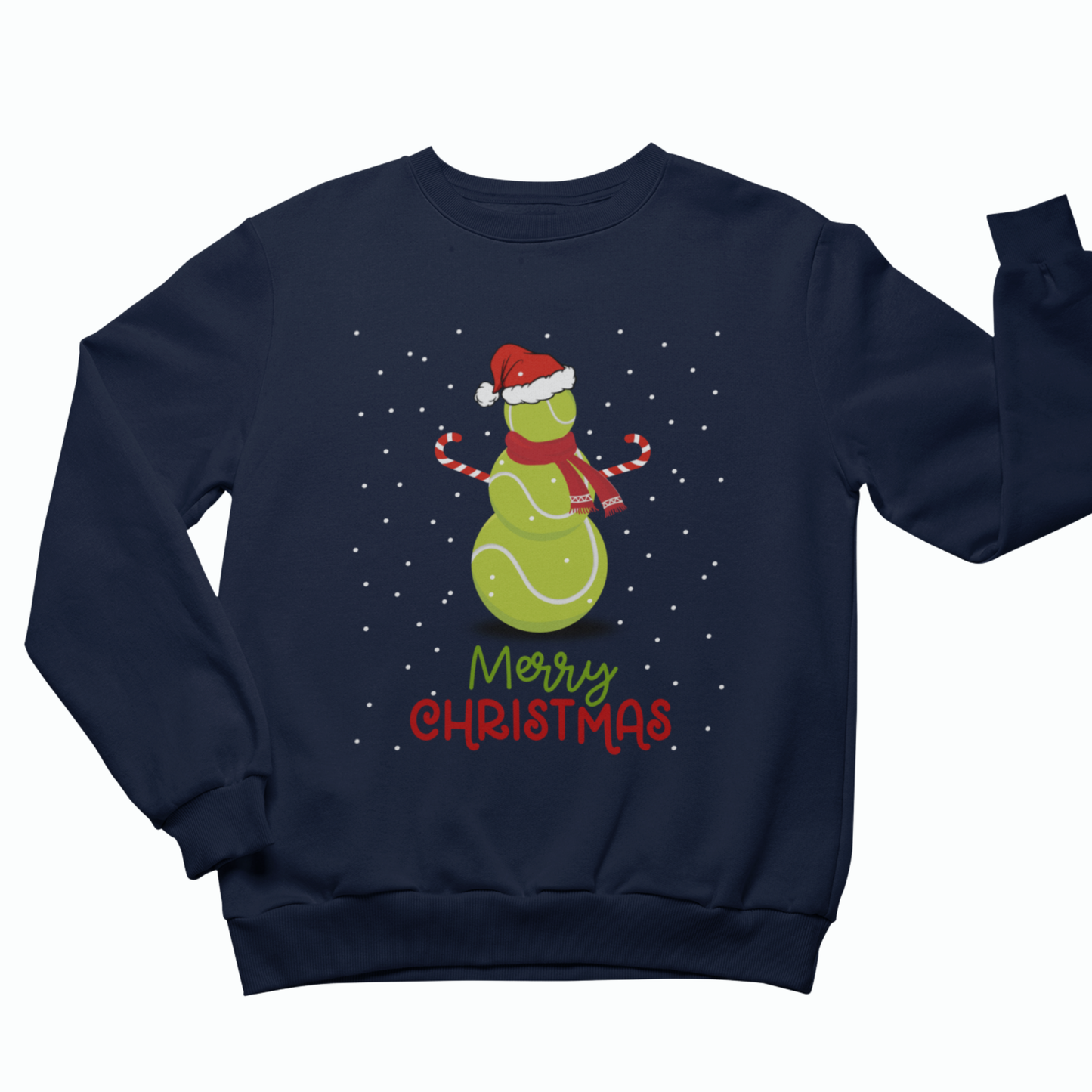 Unisex adults navy blue crewneck sweatshirt featuring a festive Christmas graphic of a snowman made of tennis balls wearing a Santa hat and scarf, with candy canes for arms and the words 'Merry Christmas' on a white background.
