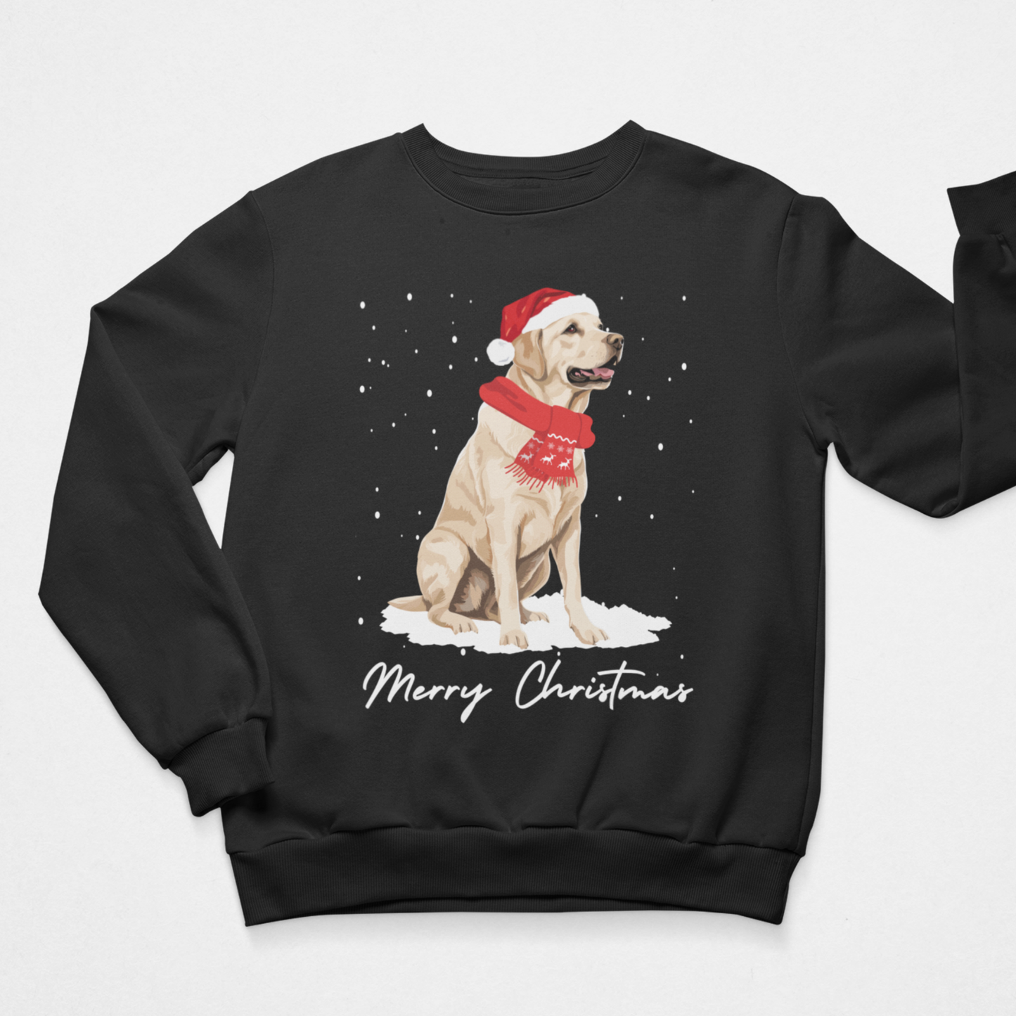A black crewneck sweatshirt featuring a graphic of a yellow Labrador dog  wearing a red Santa hat and scarf, sitting in the snow with 'Merry Christmas' written below, displayed on a light grey background.