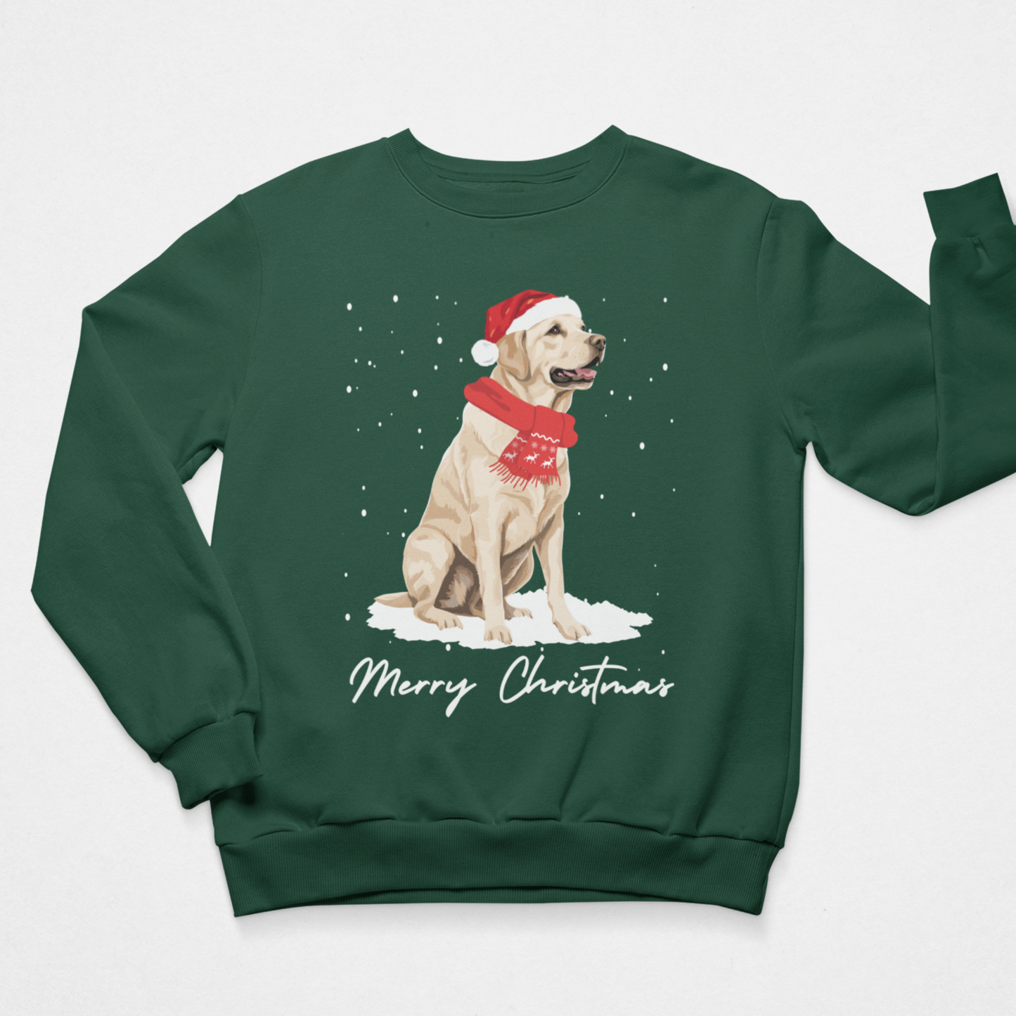 Adults dark green crewneck sweatshirt featuring a graphic of a yellow Labrador dog wearing a red Santa hat and scarf, sitting in the snow with 'Merry Christmas' written below.