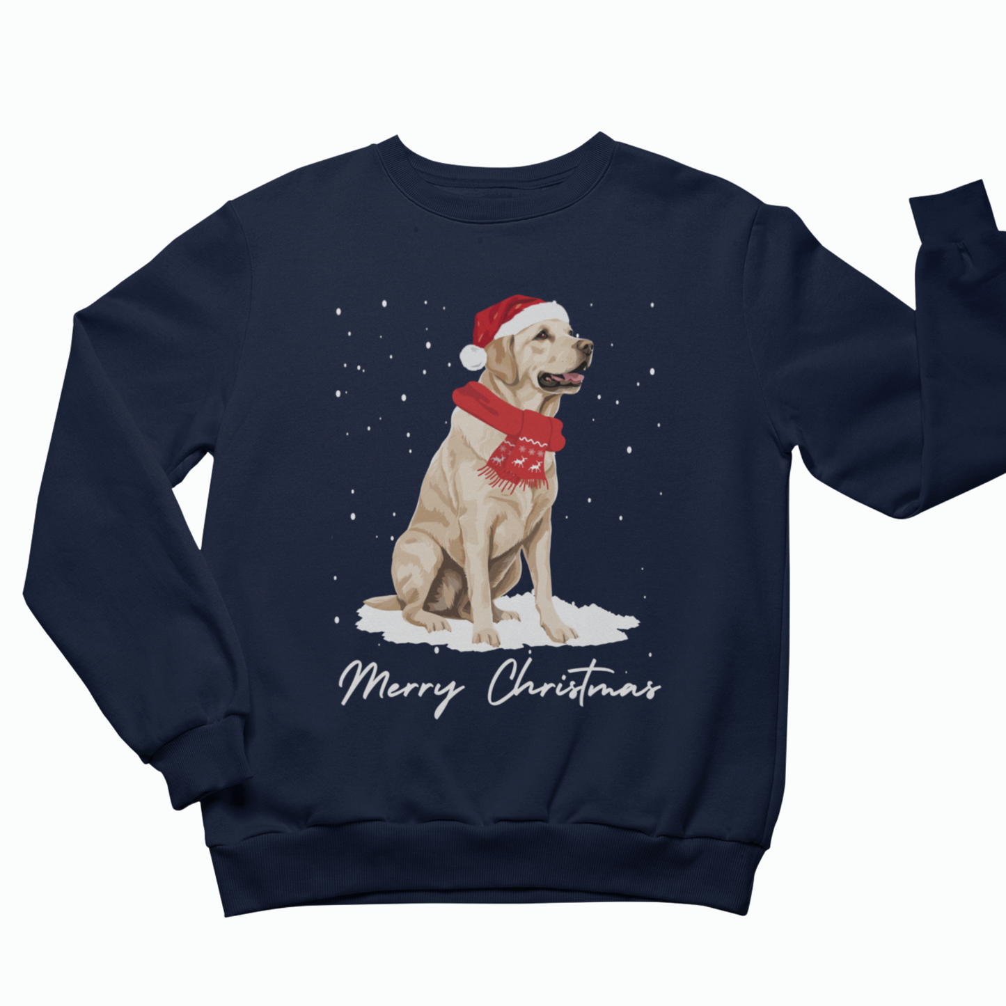 Adults navy blue crewneck sweatshirt featuring a graphic of a yellow Labrador Retriever wearing a red Santa hat and scarf in the snow, with 'Merry Christmas' written below in white script.