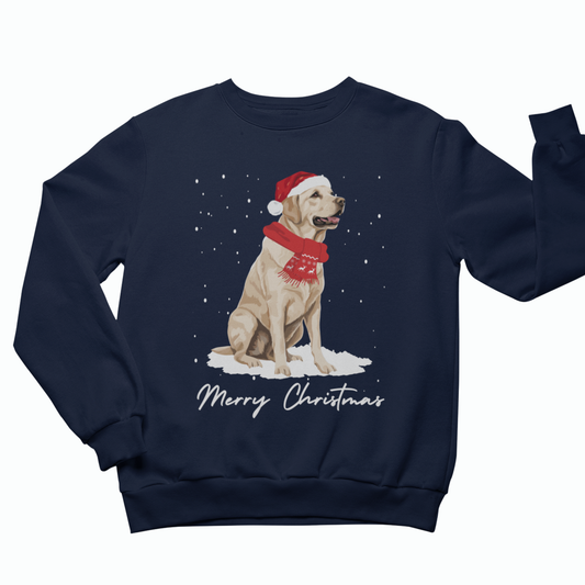 Adults navy blue crewneck sweatshirt featuring a graphic of a yellow Labrador Retriever wearing a red Santa hat and scarf in the snow, with 'Merry Christmas' written below in white script.