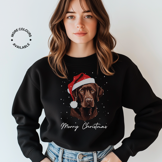 woman wearing black sweatshirt with a printed christmas themed dog  and the wording merry christmas