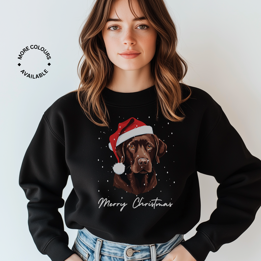 woman wearing black sweatshirt with a printed christmas themed dog and the wording merry christmas