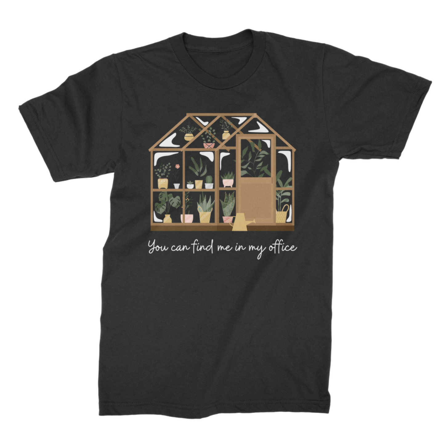 Black unisex T-shirt with an illustrated greenhouse, houseplants and You Can Find Me in My Office text