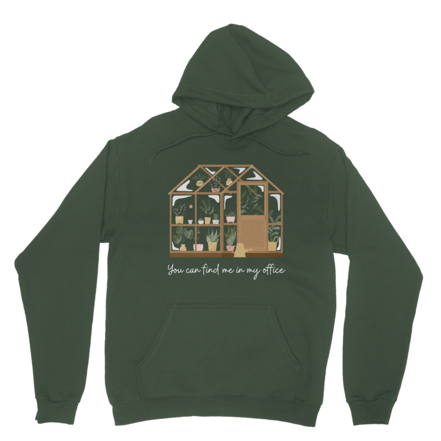 Bottle green unisex hoodie featuring an illustrated greenhouse filled with leafy potted plants