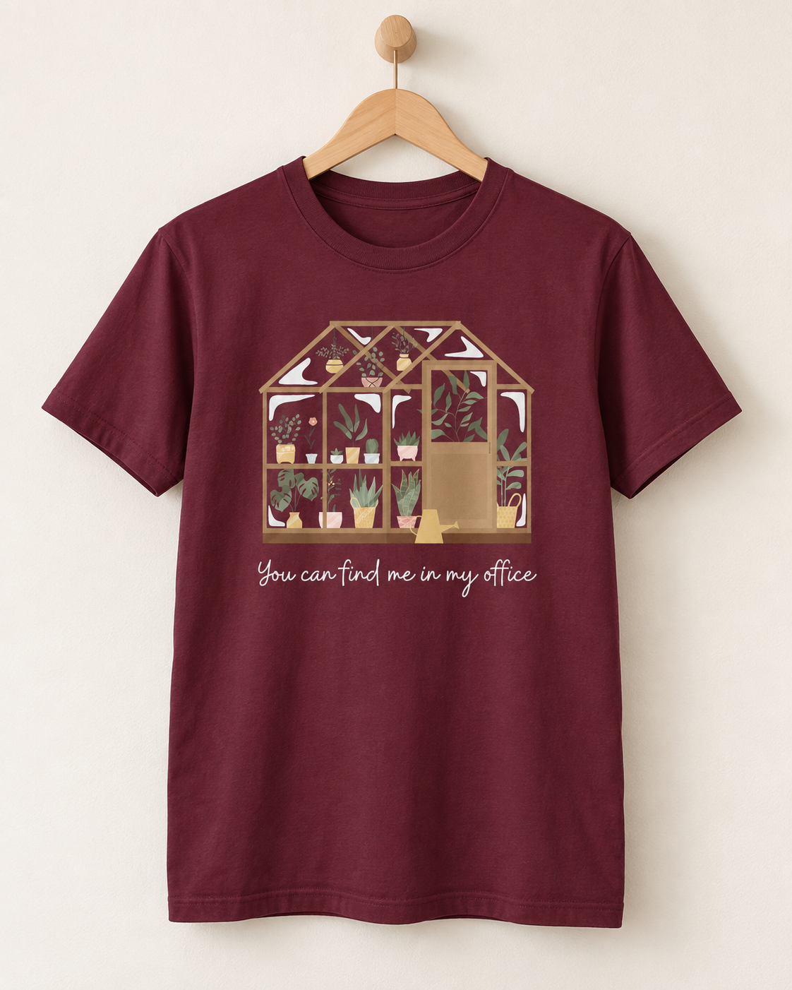 Adults crewneck Maroon cotton T-shirt with an illustrated greenhouse, houseplants and 'You Can Find Me in My Office' text