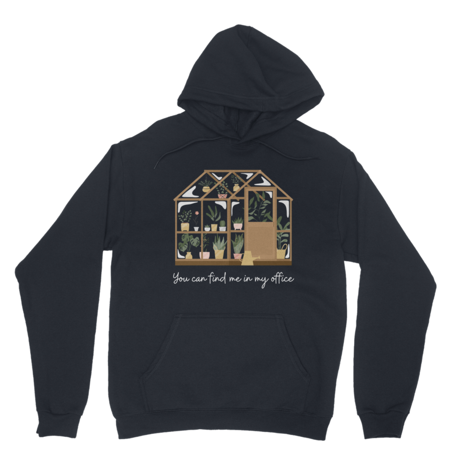 Navy unisex hoodie with a greenhouse, potted plants and You Can Find Me in My Office text