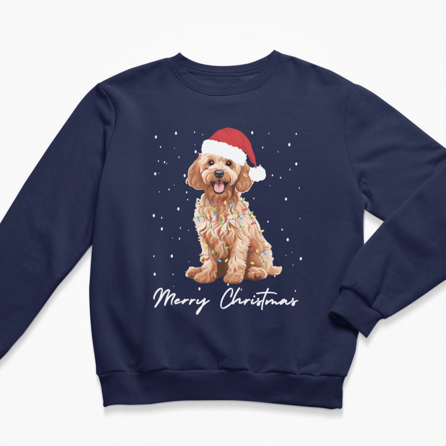 A kids navy blue crewneck sweatshirt featuring a graphic of a golden cockapoo wearing a red Santa hat and multicoloured Christmas lights, with 'Merry Christmas' written in white script below, displayed on a clean white background.