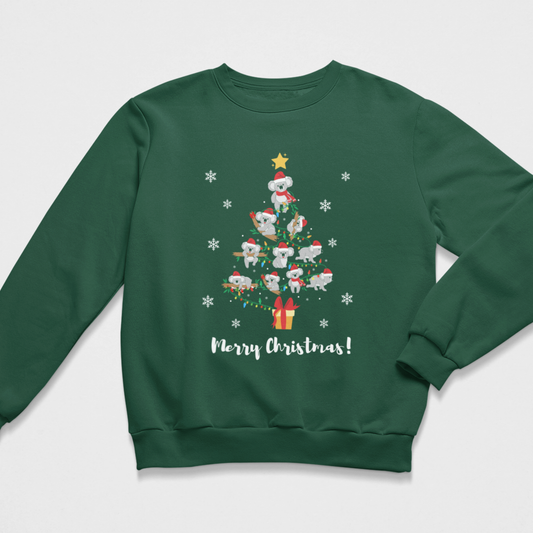 A kids dark green crewneck sweatshirt featuring a festive Christmas tree graphic made of cartoon koalas wearing Santa hats, surrounded by white snowflakes and the text 'Merry Christmas!' printed below.