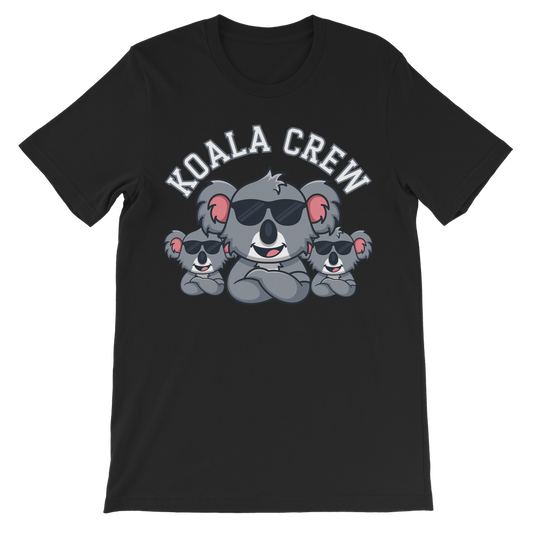 Kids black Koala Crew T-shirts with cartoon koala family graphic and arched text 