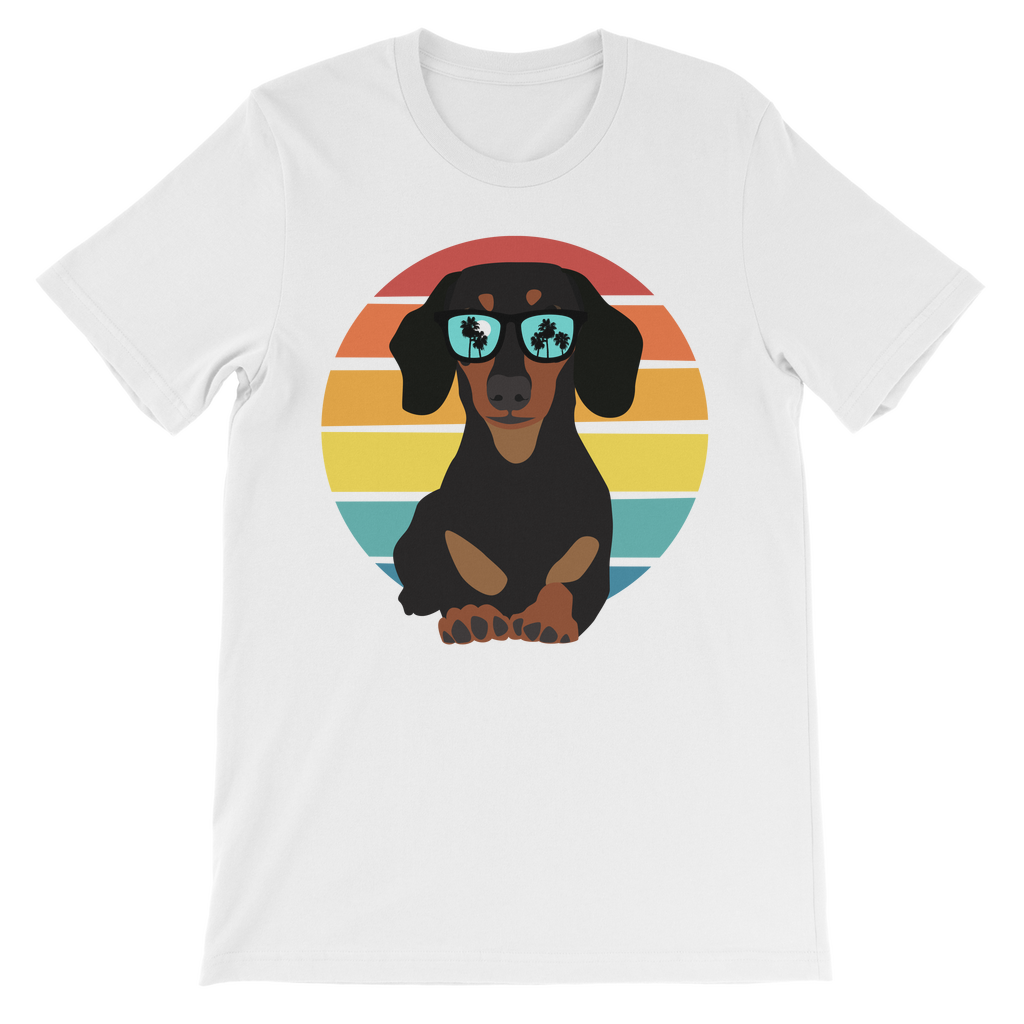 Kids white cotton t-shirt with a retro dachshund in sunglasses graphic.