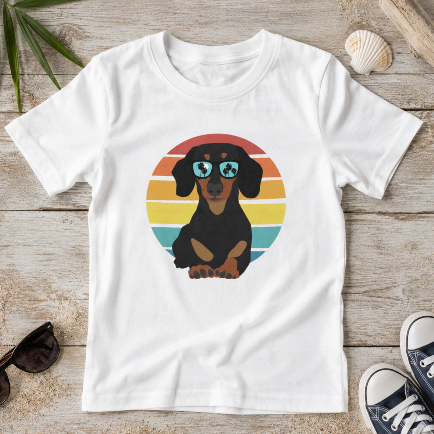 Kids white t-shirt with a summer themed dachshund wearing sunglasses graphic styled on a rustic wooden surface.