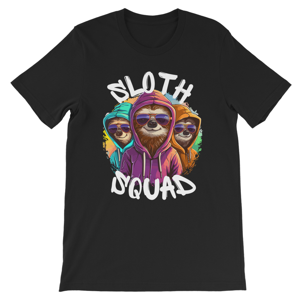 Black cotton kids t-shirt with a graphic of three sloths wearing sunglasses and the text 'Sloth Squad'. 