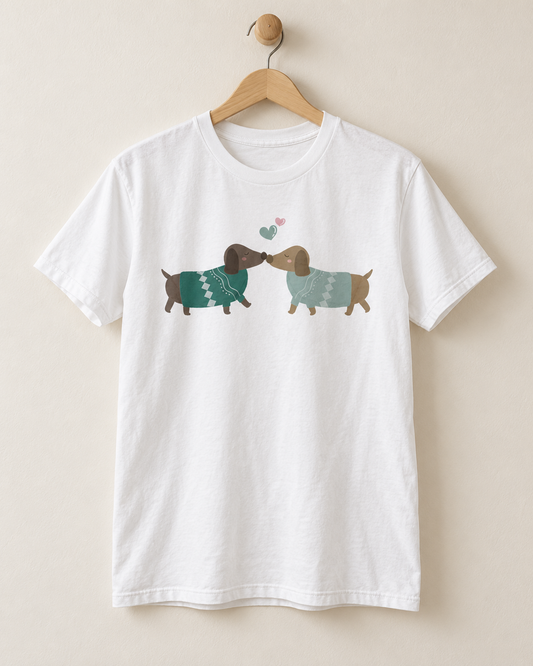 White T-shirt on a wooden hanger featuring two sausage dogs in teal and sage patterned jumpers, touching noses beneath pink and sage hearts.