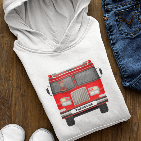 Kids Personalised Forward Facing Fire Truck Hoodie  | 3 - 11 years