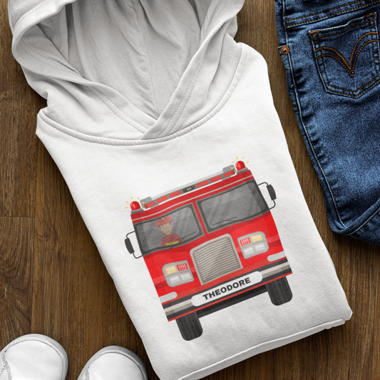 Kids Personalised Forward Facing Fire Truck Hoodie | 3 - 11 years