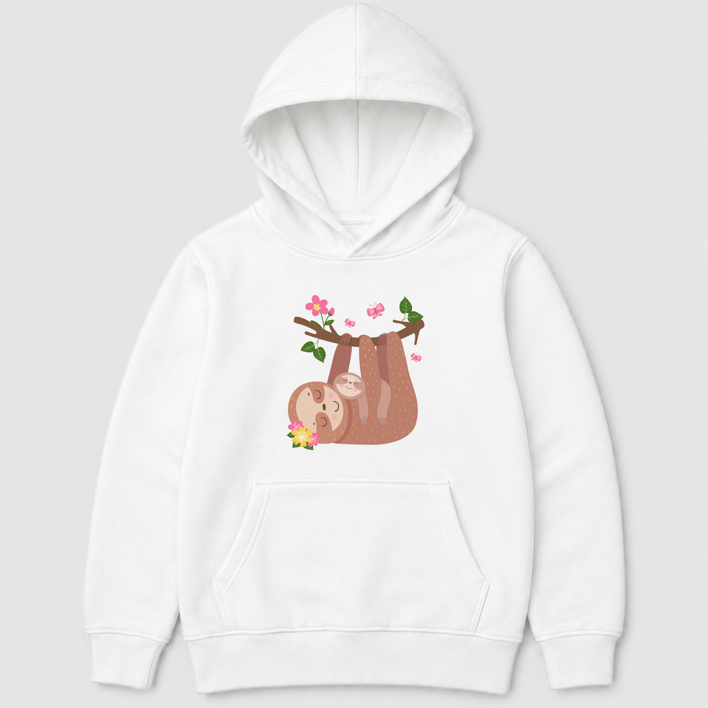 White kids hoodie printed with a sleepy mother sloth holding her baby under a branch decorated with green leaves, flowers and pink butterflies.