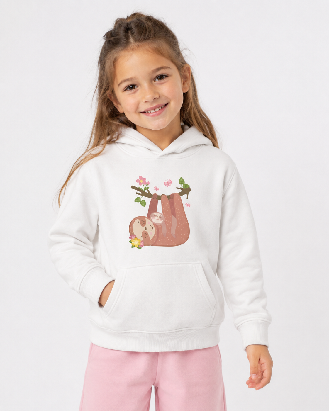 Smiling girl wearing a white kids hoodie with a mother and baby sloth hanging from a flowered branch with pink butterflies, styled with baby pink joggers.