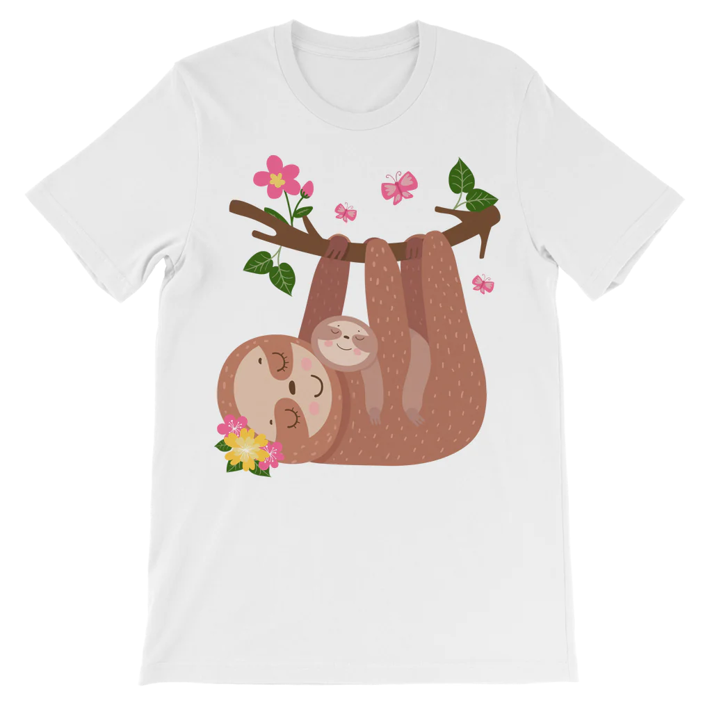 White kids T-shirt featuring a mother sloth cuddling her baby while hanging from a branch with colourful flowers and pink butterflies.
