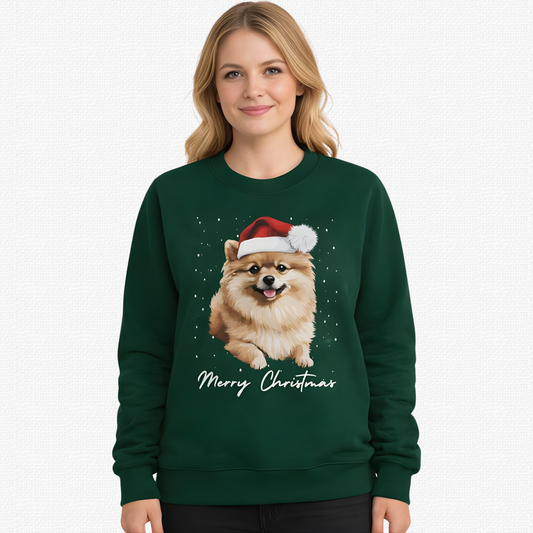 Woman wearing a dark green Pomeranian Christmas sweatshirt with Santa hat dog graphic and Merry Christmas text