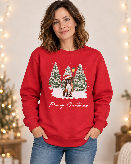 A woman wearing a red crewneck sweatshirt with a festive Christmas graphic of a boxer dog in a snowstorm and the text 'Merry Christmas'.