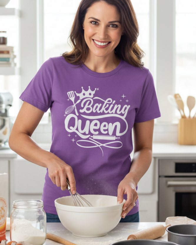 Woman baking in kitchen wearing purple Baking Queen graphic t-shirt